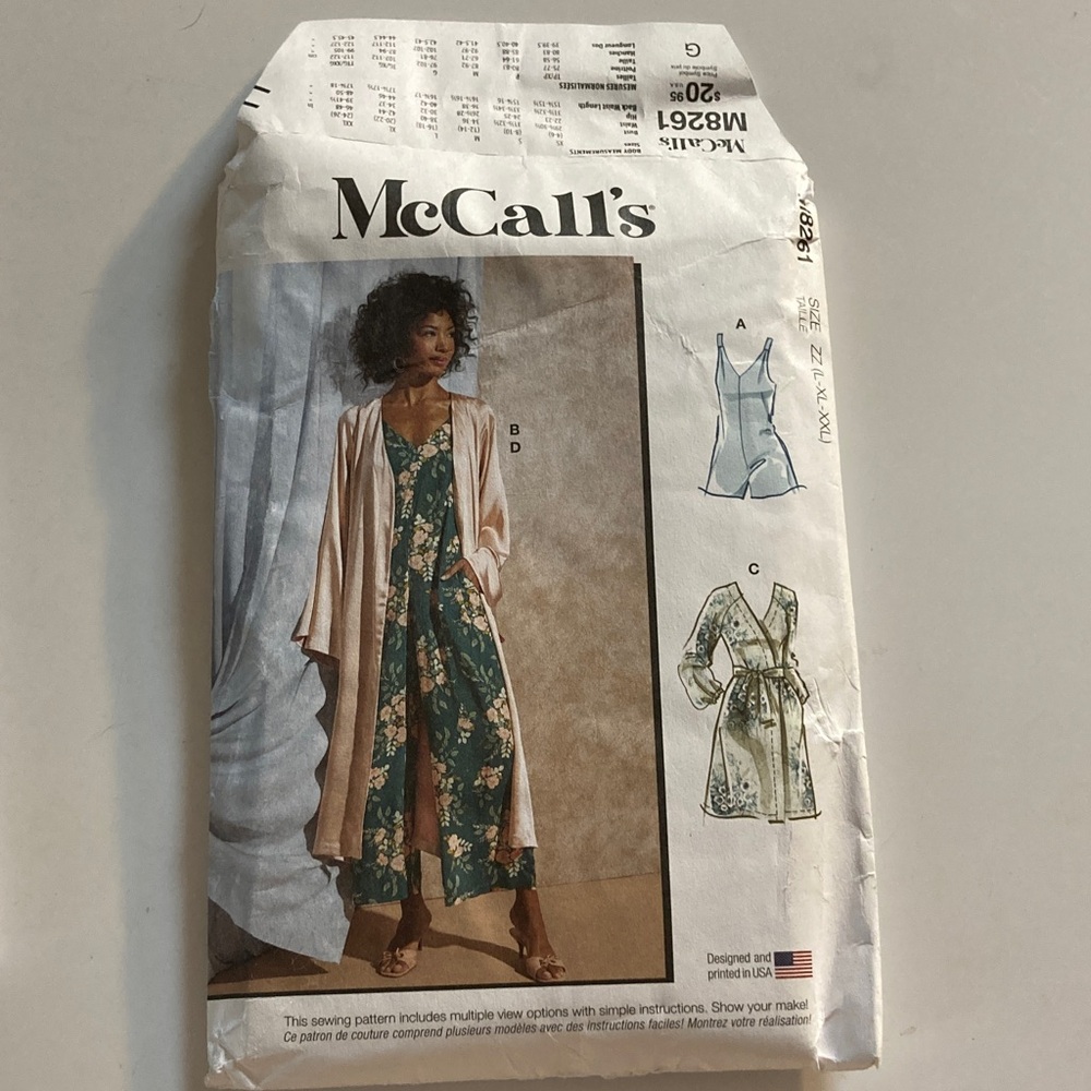 McCall's M8261 Pattern Robe lingerie romper jumpsuit L XL XXL
